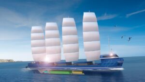 Concept navale ottimizzato con il software Odyssa del DLR per la decarbonizzazione del trasporto marittimo tramite propulsione eolica.