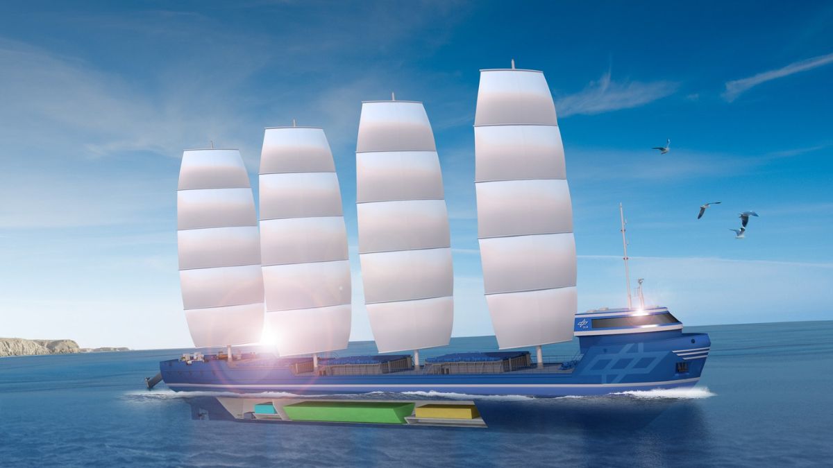 Concept navale ottimizzato con il software Odyssa del DLR per la decarbonizzazione del trasporto marittimo tramite propulsione eolica.